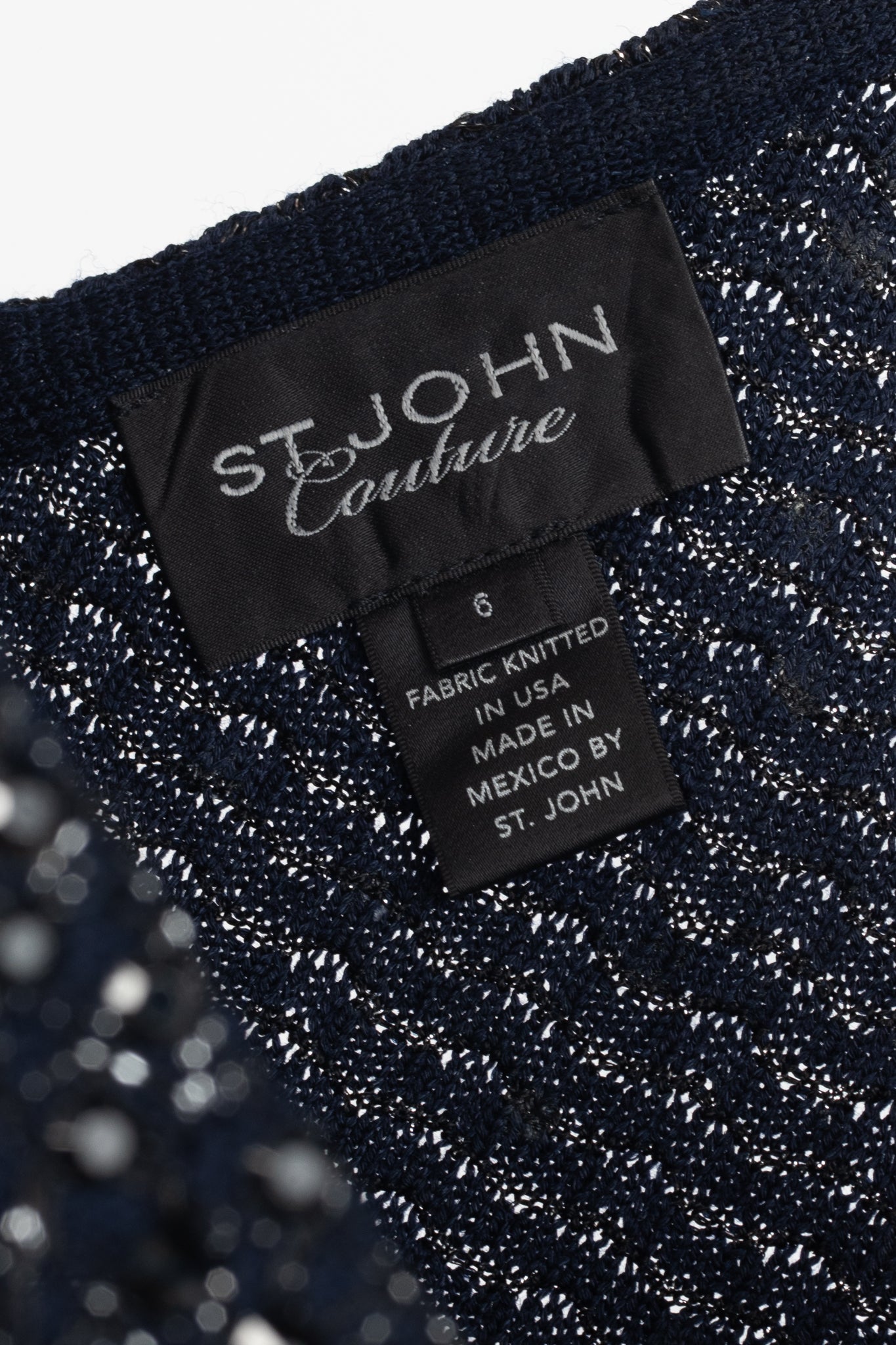 St. John Couture Navy Metallic-Knit Rhinestone-Embellished Sleeveless Dress