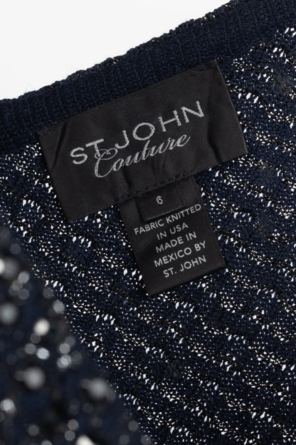 St. John Couture Navy Metallic-Knit Rhinestone-Embellished Sleeveless Dress