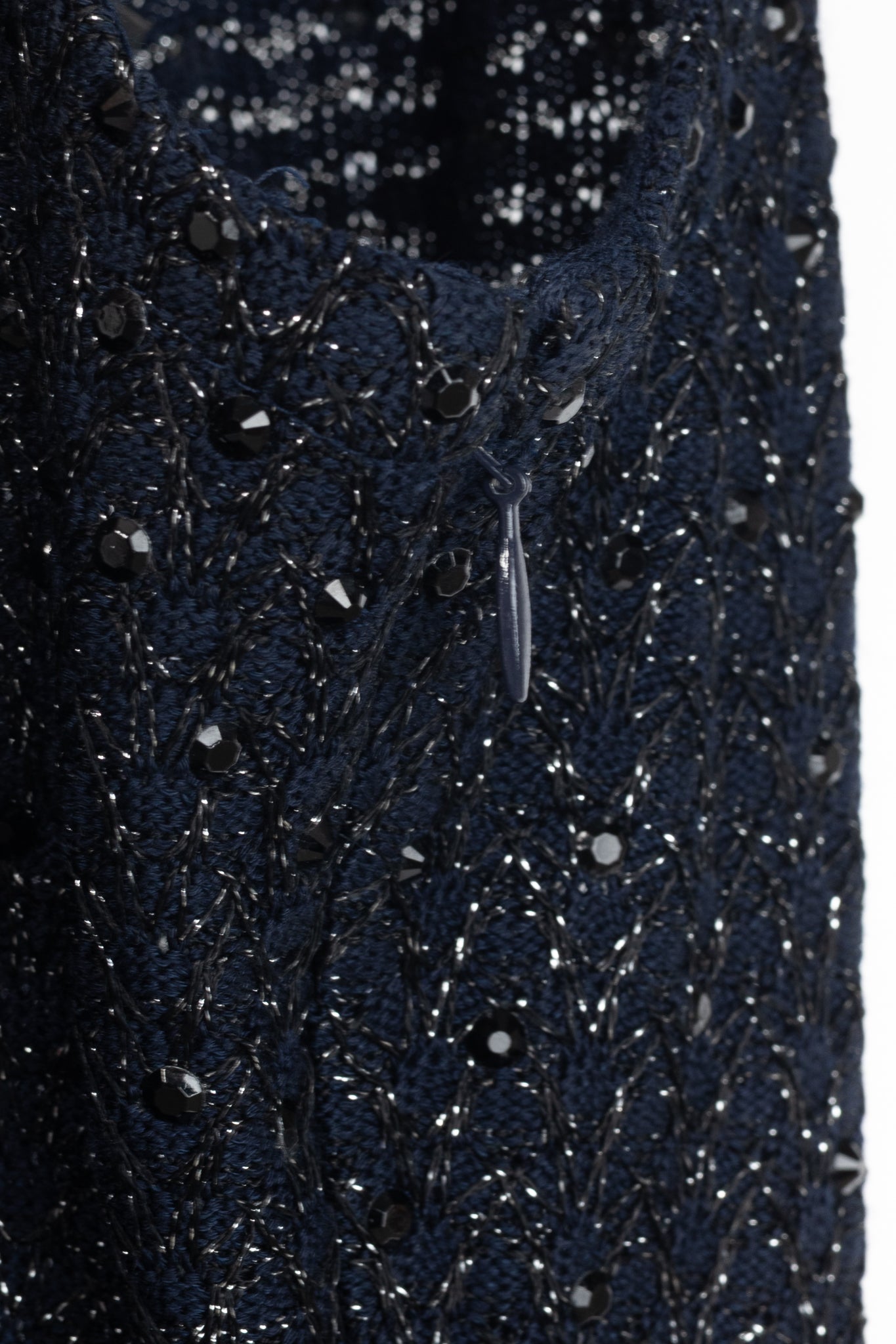 St. John Couture Navy Metallic-Knit Rhinestone-Embellished Sleeveless Dress