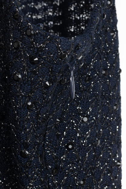 St. John Couture Navy Metallic-Knit Rhinestone-Embellished Sleeveless Dress