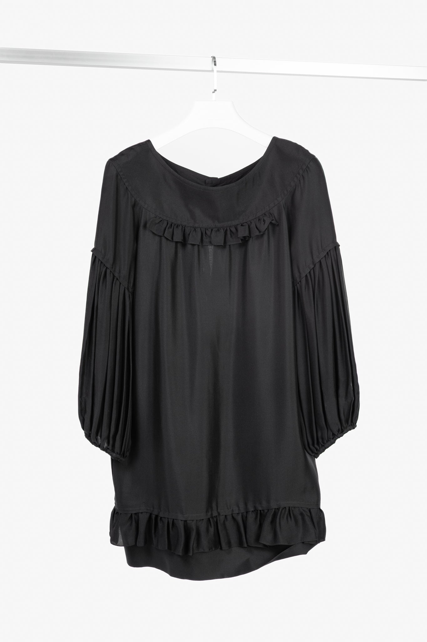 Stella McCartney Black Silk Satin Ruffle-Trim Long-Sleeve Mini Dress