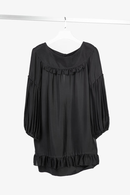 Stella McCartney Black Silk Satin Ruffle-Trim Long-Sleeve Mini Dress