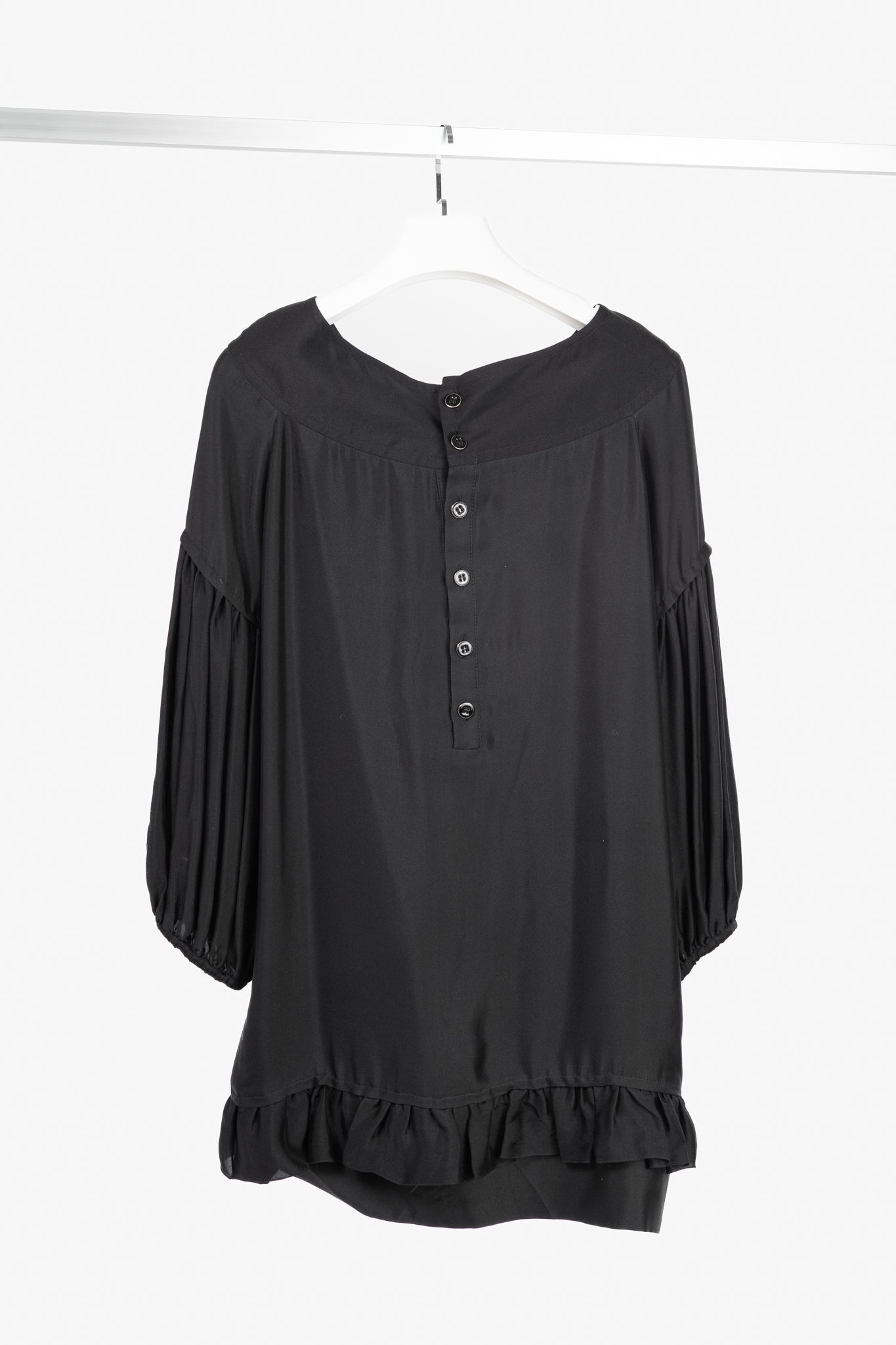 Stella McCartney Black Silk Satin Ruffle-Trim Long-Sleeve Mini Dress