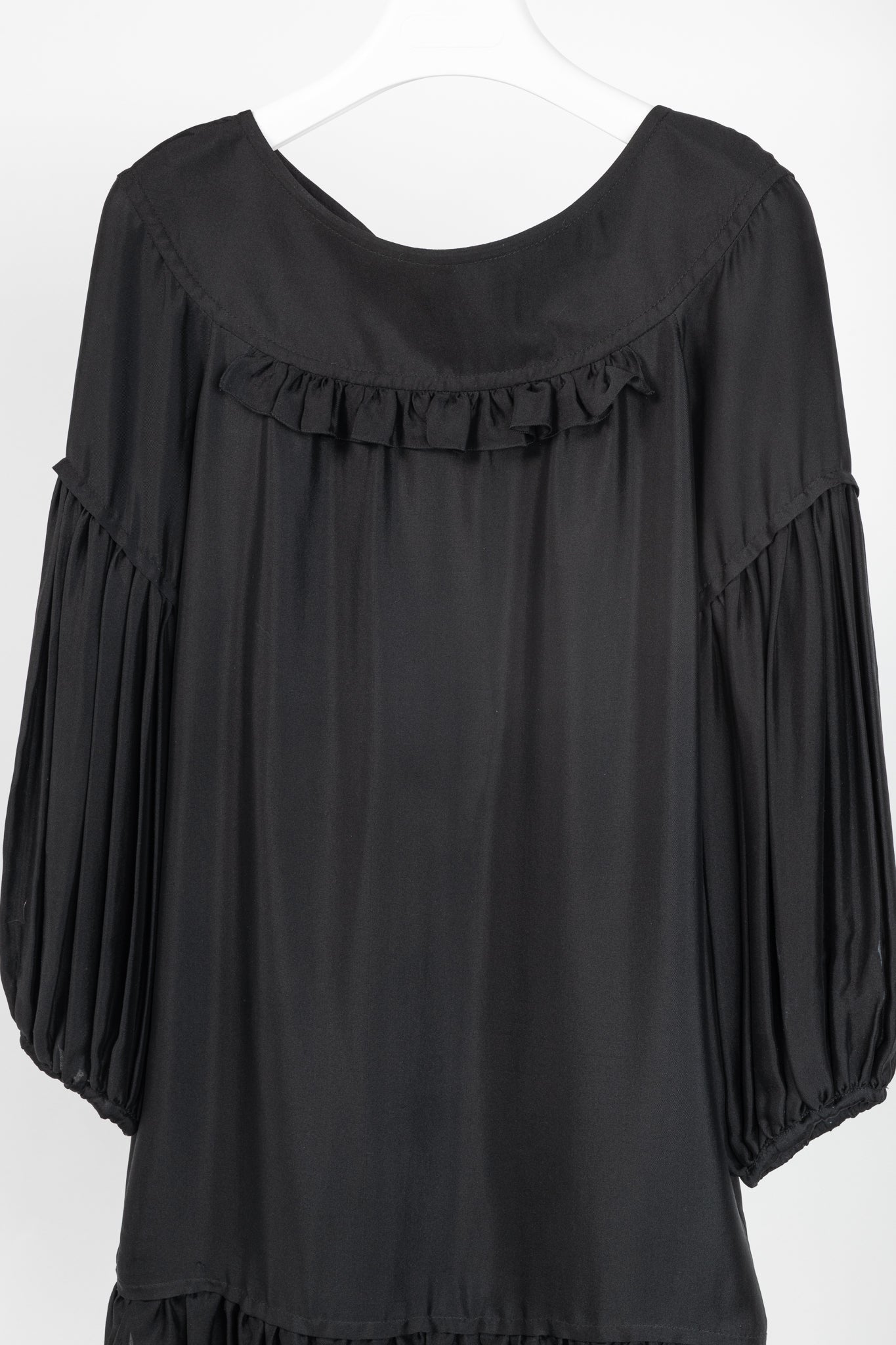 Stella McCartney Black Silk Satin Ruffle-Trim Long-Sleeve Mini Dress