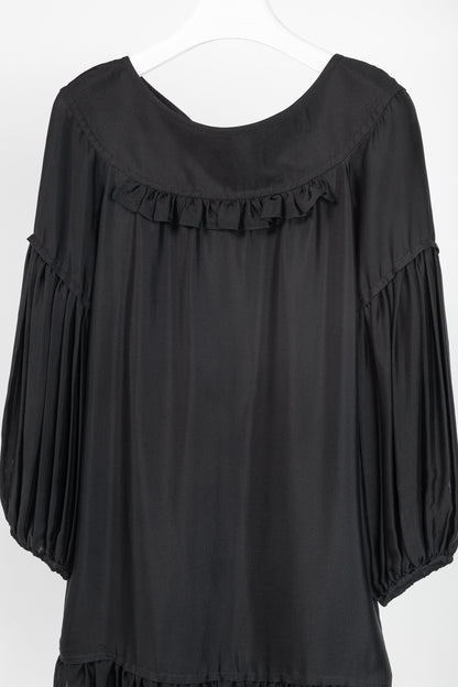Stella McCartney Black Silk Satin Ruffle-Trim Long-Sleeve Mini Dress