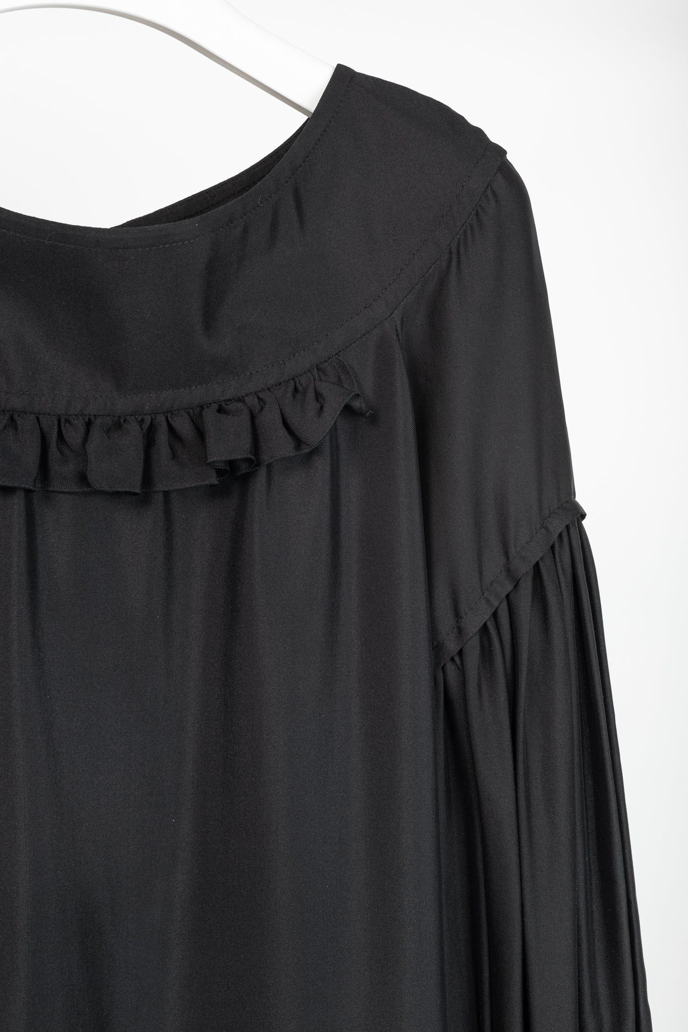 Stella McCartney Black Silk Satin Ruffle-Trim Long-Sleeve Mini Dress