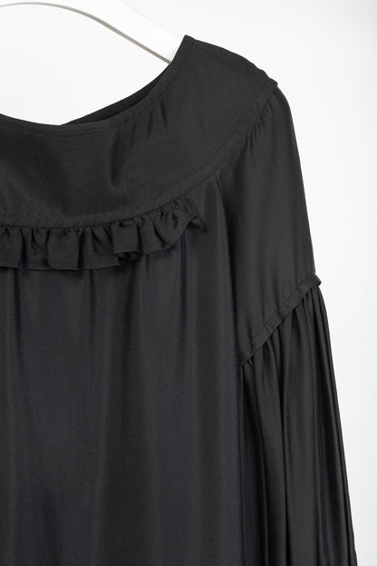 Stella McCartney Black Silk Satin Ruffle-Trim Long-Sleeve Mini Dress