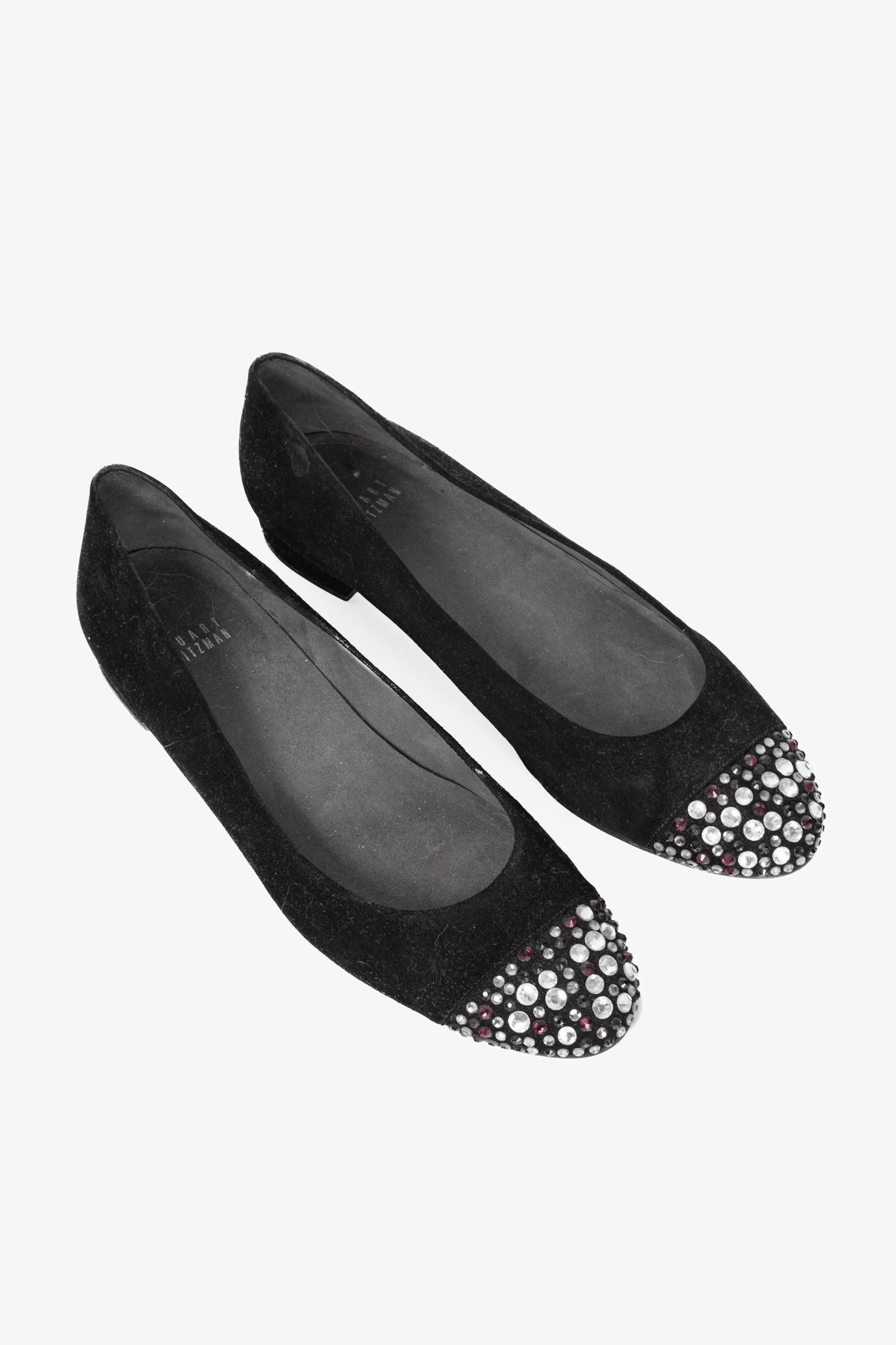 Stuart Weitzman Bubbly Black Suede Crystal-Cap-Toe Ballet Flats