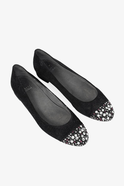 Stuart Weitzman Bubbly Black Suede Crystal-Cap-Toe Ballet Flats