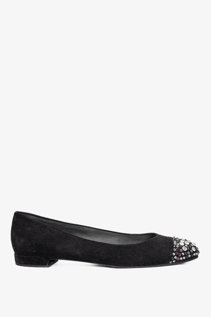 Stuart Weitzman Bubbly Black Suede Crystal-Cap-Toe Ballet Flats