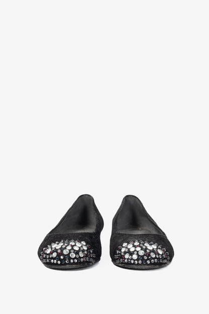 Stuart Weitzman Bubbly Black Suede Crystal-Cap-Toe Ballet Flats