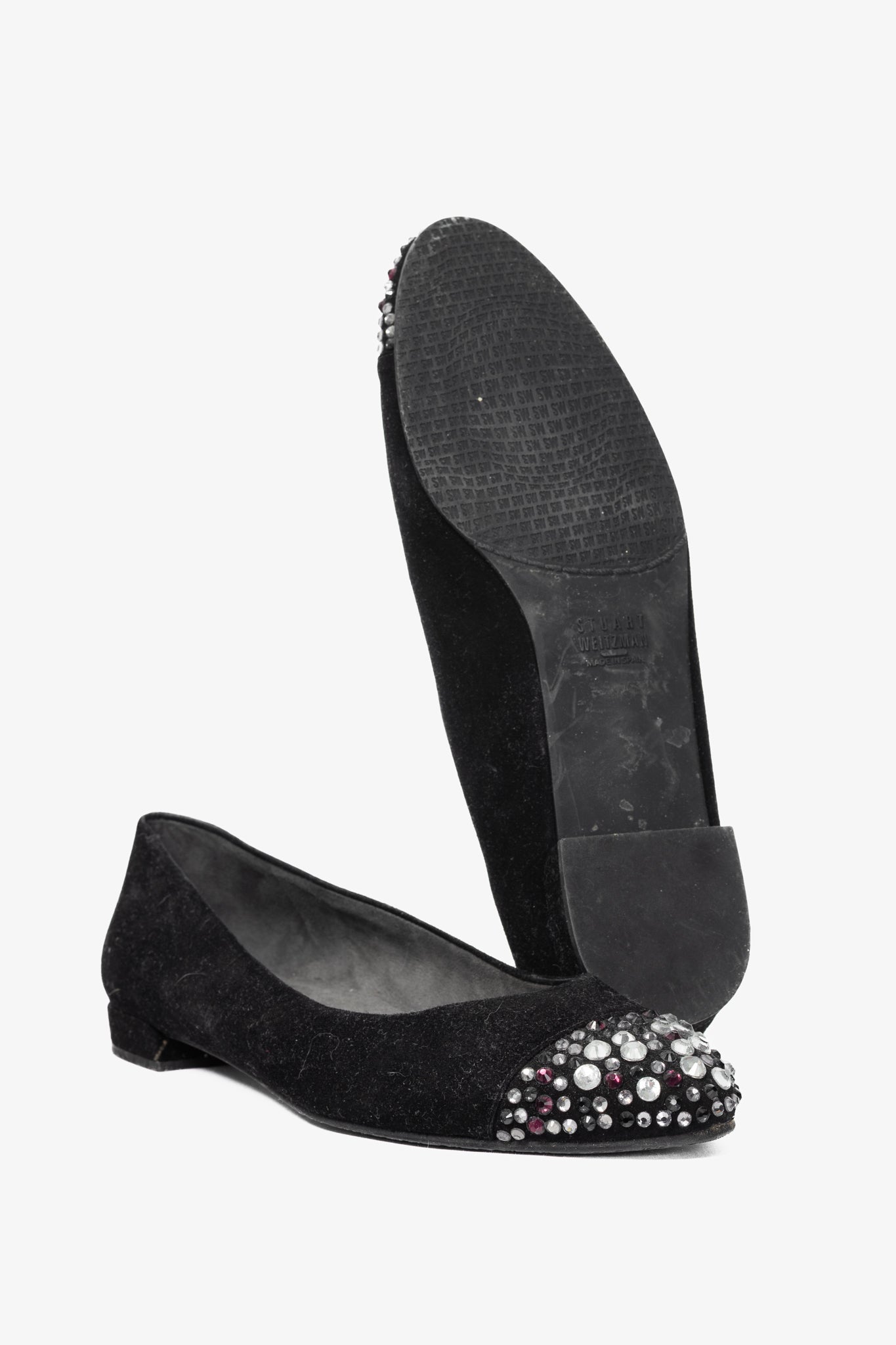 Stuart Weitzman Bubbly Black Suede Crystal-Cap-Toe Ballet Flats