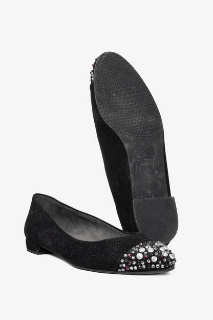 Stuart Weitzman Bubbly Black Suede Crystal-Cap-Toe Ballet Flats