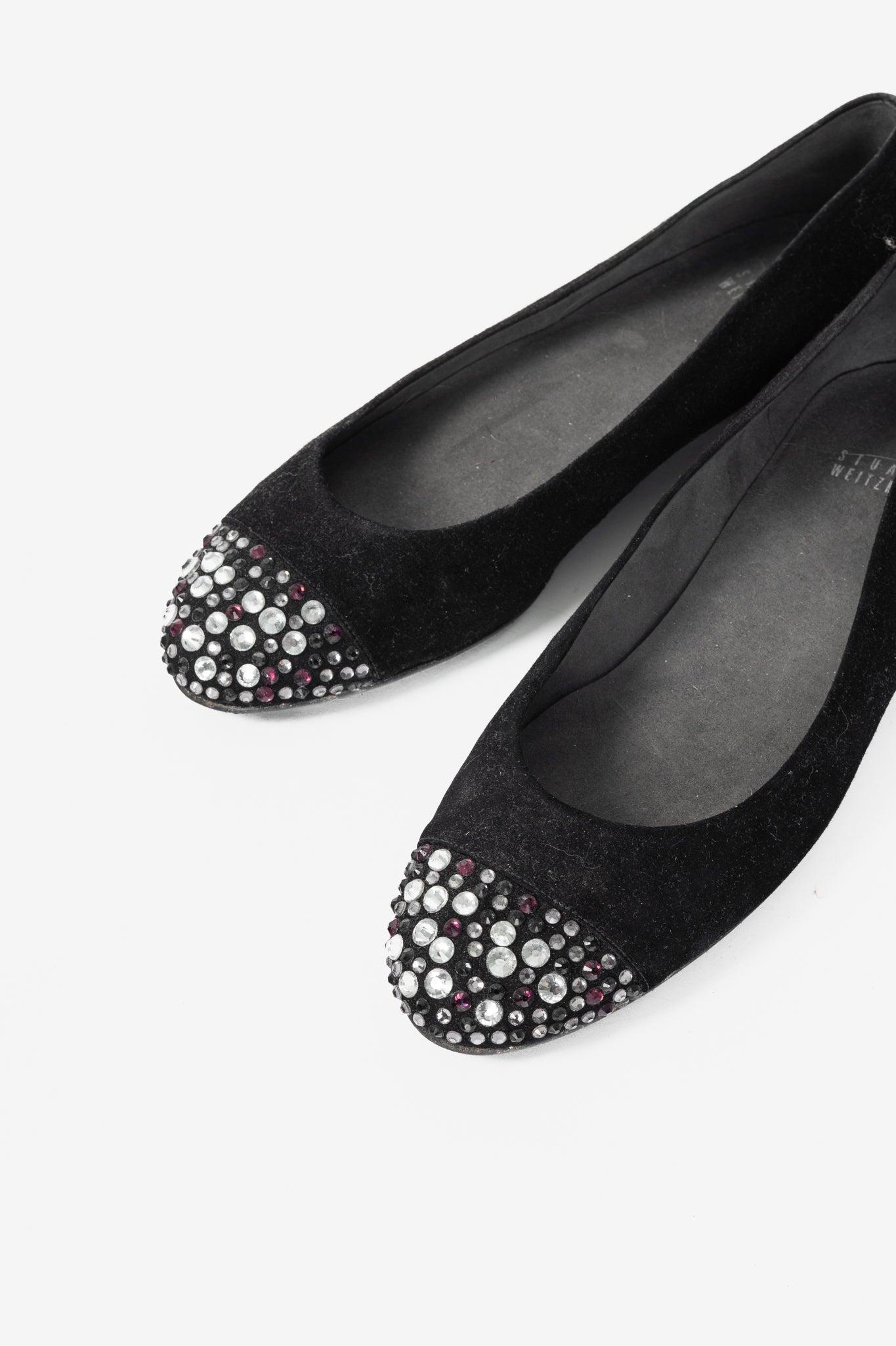 Stuart Weitzman Bubbly Black Suede Crystal-Cap-Toe Ballet Flats