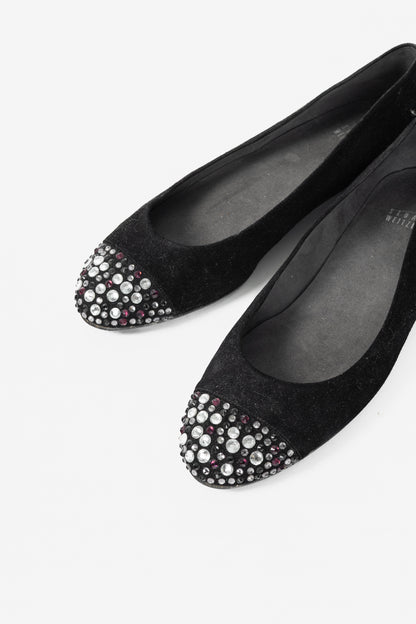 Stuart Weitzman Bubbly Black Suede Crystal-Cap-Toe Ballet Flats