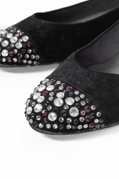 Stuart Weitzman Bubbly Black Suede Crystal-Cap-Toe Ballet Flats