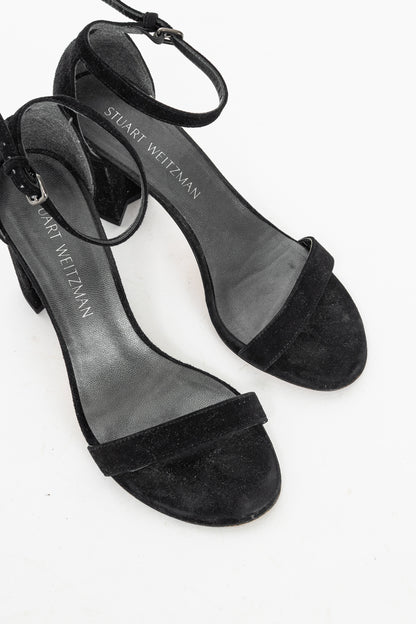 Stuart Weitzman NearlyNude Black Suede Ankle-Strap Sandals