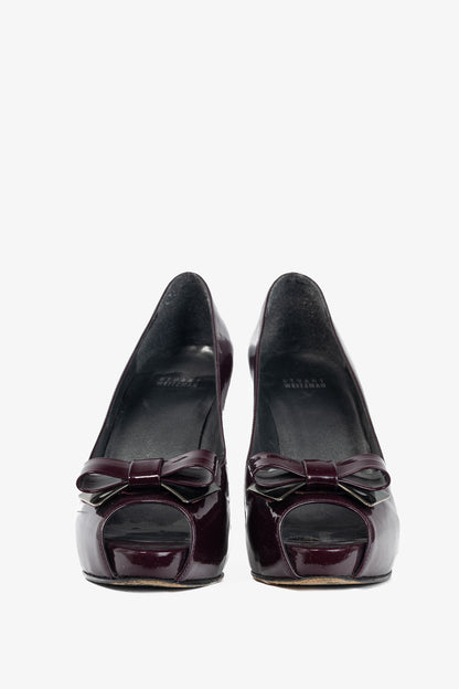 Stuart Weitzman Spice Plum Quasar Patent-Leather Bow Peep-Toe Pumps