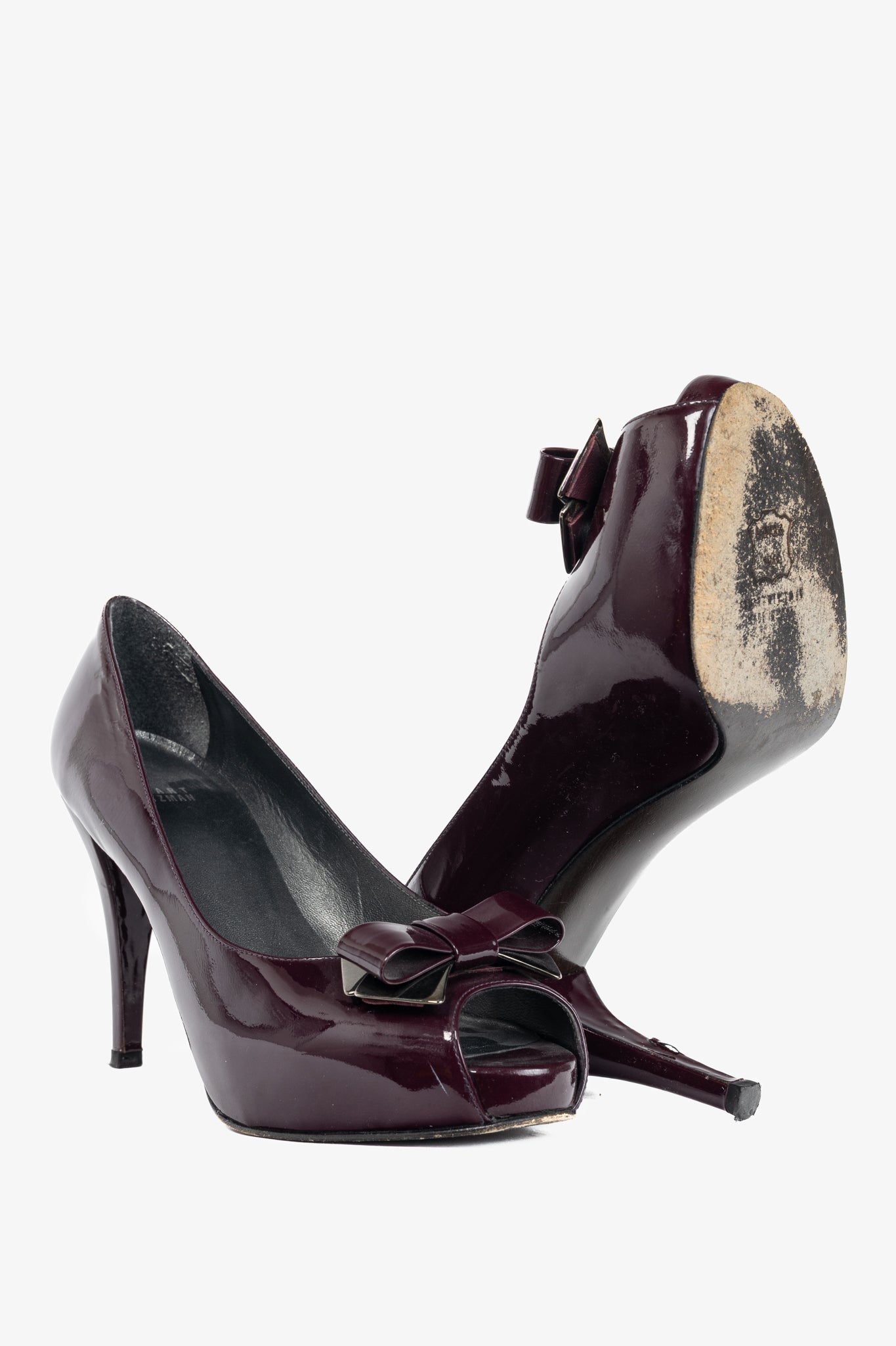 Stuart Weitzman Spice Plum Quasar Patent-Leather Bow Peep-Toe Pumps