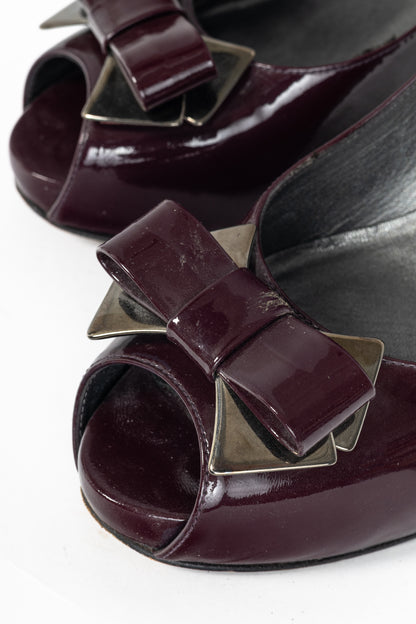 Stuart Weitzman Spice Plum Quasar Patent-Leather Bow Peep-Toe Pumps