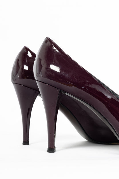 Stuart Weitzman Spice Plum Quasar Patent-Leather Bow Peep-Toe Pumps