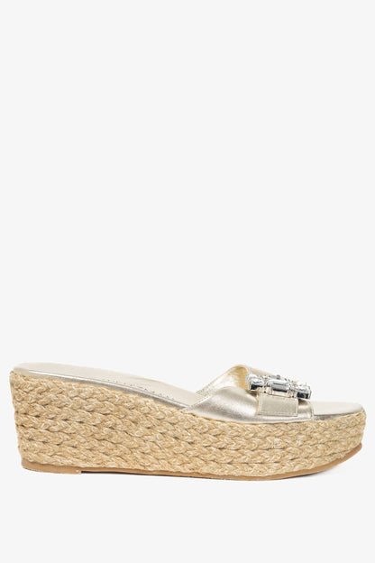 Stuart Weitzman SS23 June 75 Platino Crystal-Buckle Wedge Slide Sandal