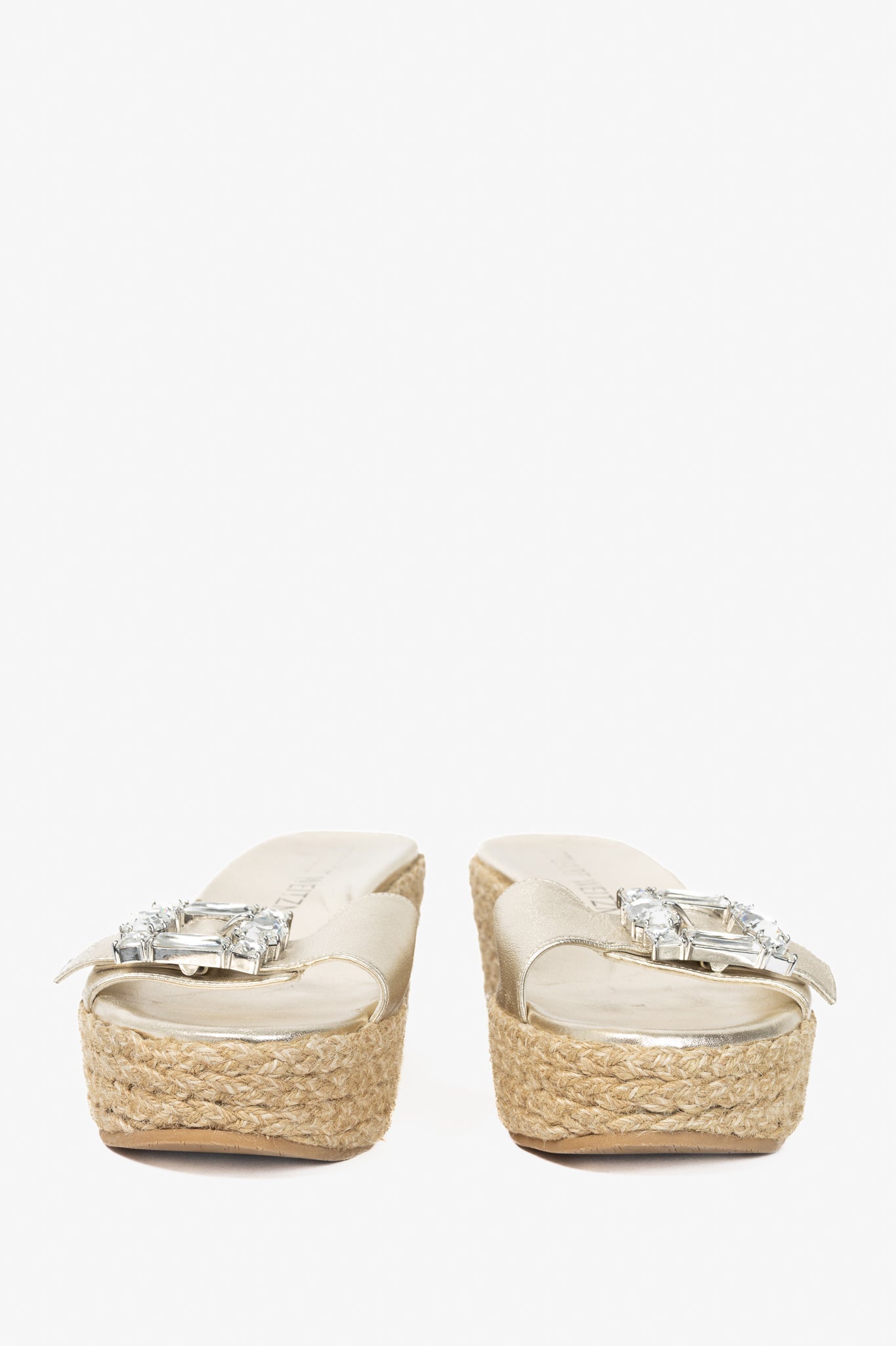 Stuart Weitzman SS23 June 75 Platino Crystal-Buckle Wedge Slide Sandal