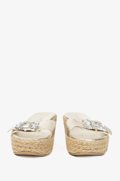 Stuart Weitzman SS23 June 75 Platino Crystal-Buckle Wedge Slide Sandal
