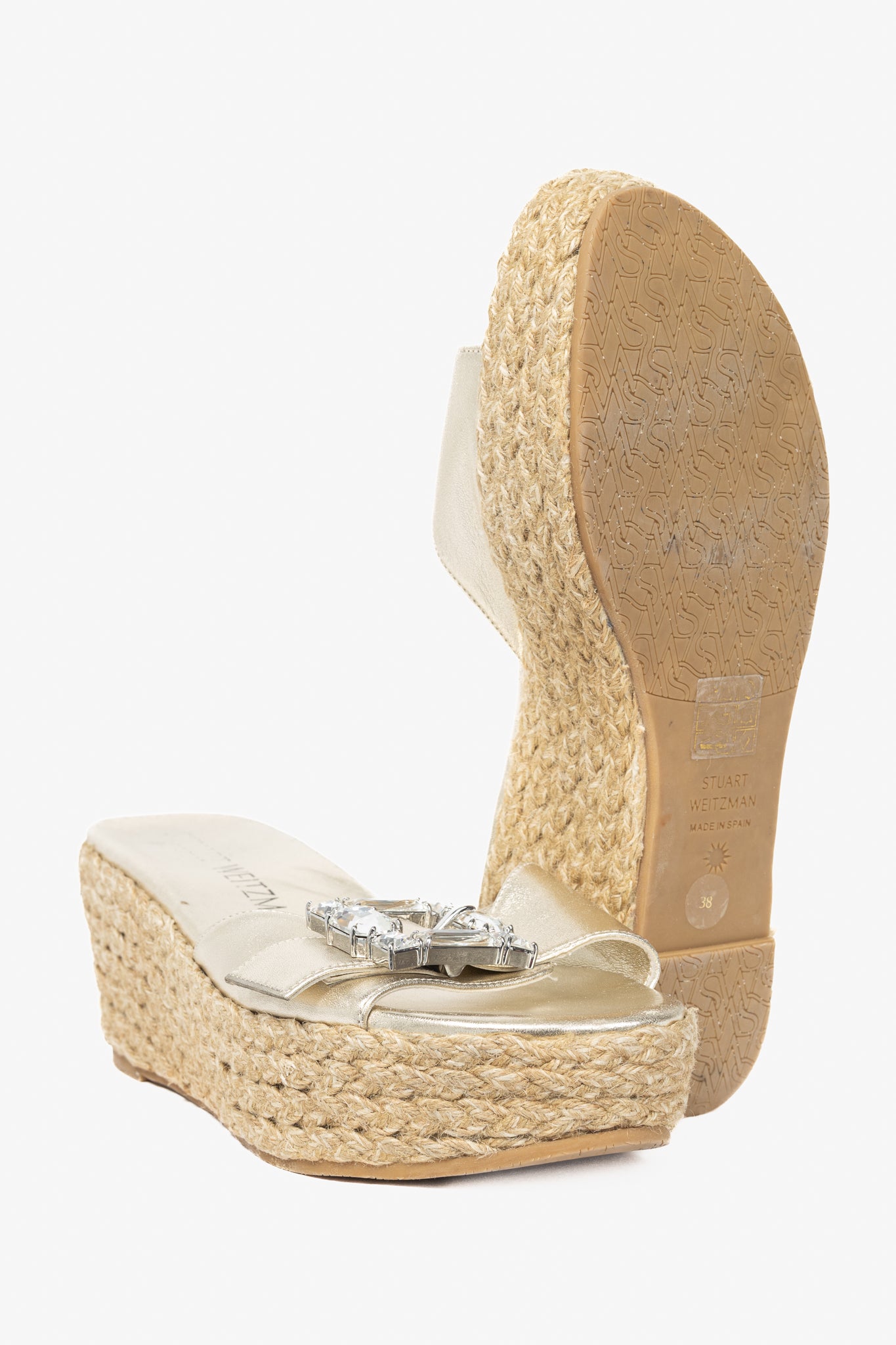 Stuart Weitzman SS23 June 75 Platino Crystal-Buckle Wedge Slide Sandal