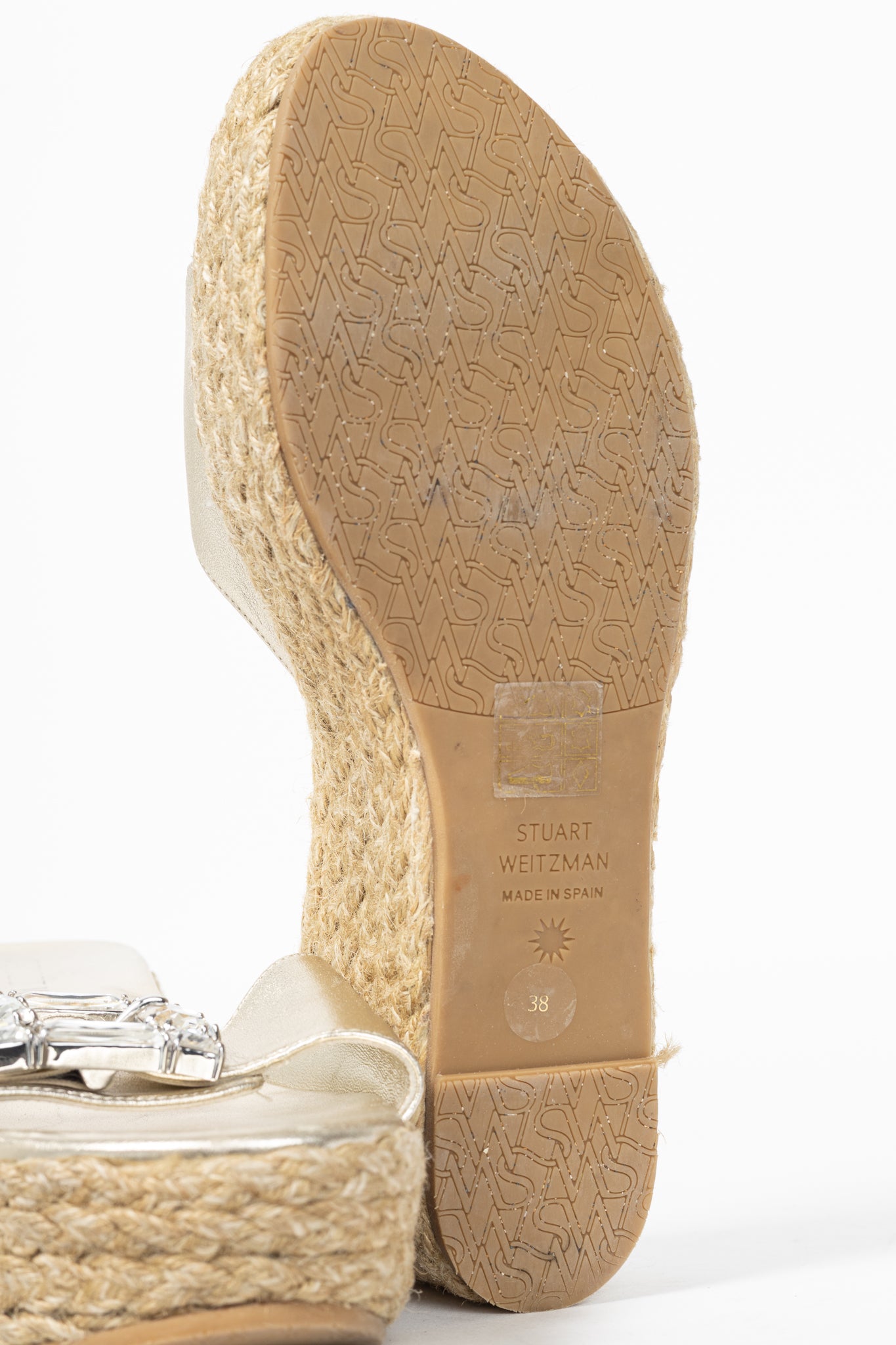 Stuart Weitzman SS23 June 75 Platino Crystal-Buckle Wedge Slide Sandal