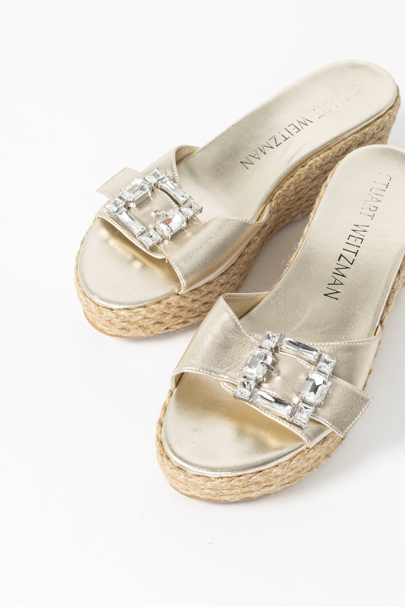 Stuart Weitzman SS23 June 75 Platino Crystal-Buckle Wedge Slide Sandal