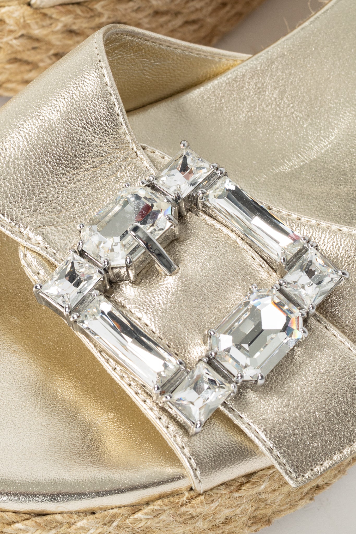 Stuart Weitzman SS23 June 75 Platino Crystal-Buckle Wedge Slide Sandal