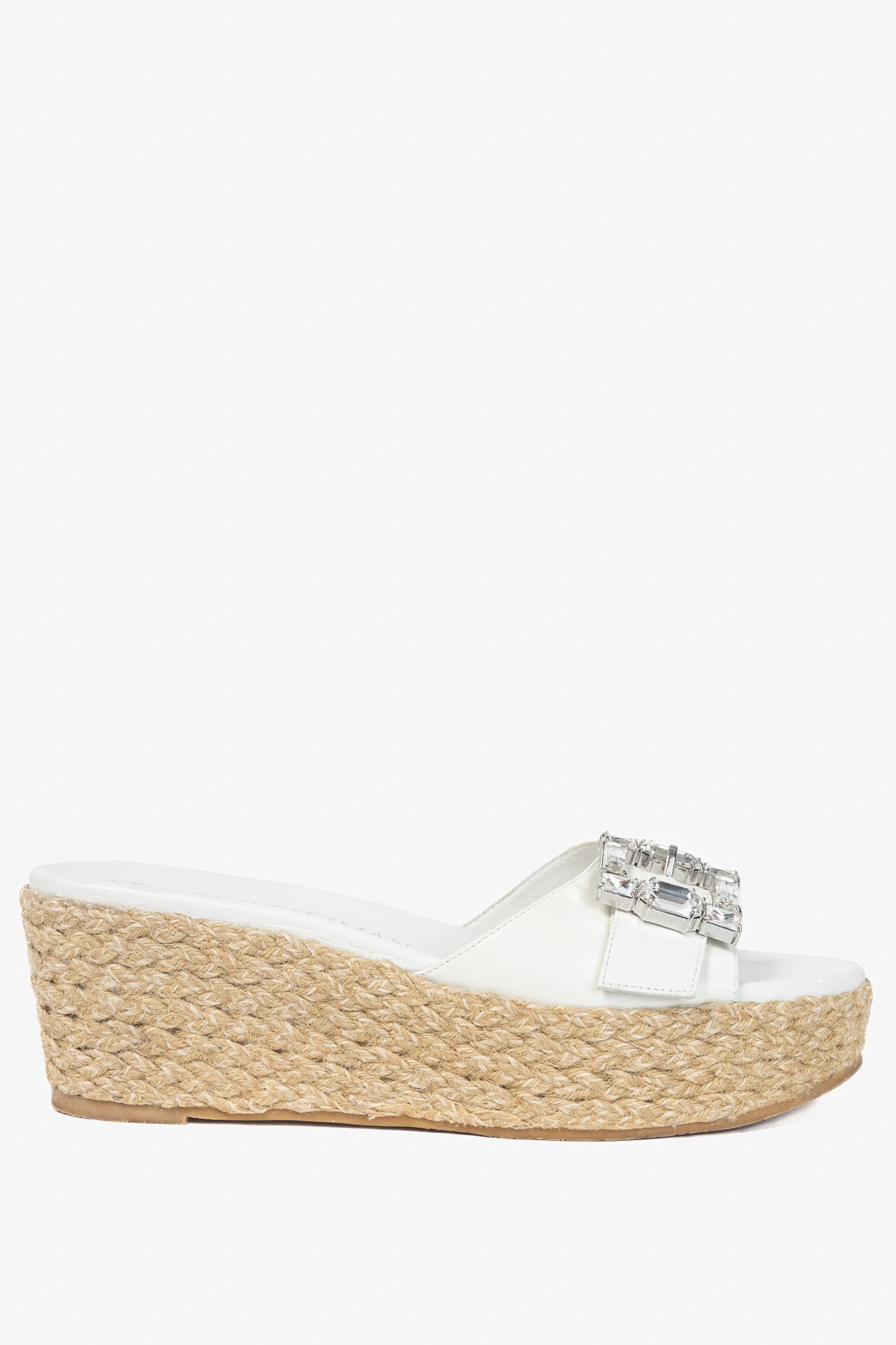Stuart Weitzman SS23 June 75 White Crystal-Buckle Wedge Slide Sandal