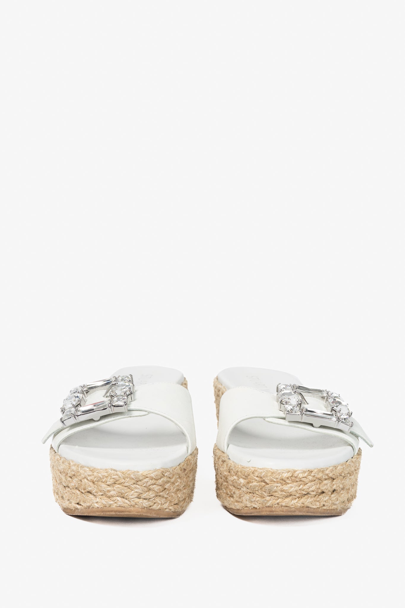 Stuart Weitzman SS23 June 75 White Crystal-Buckle Wedge Slide Sandal