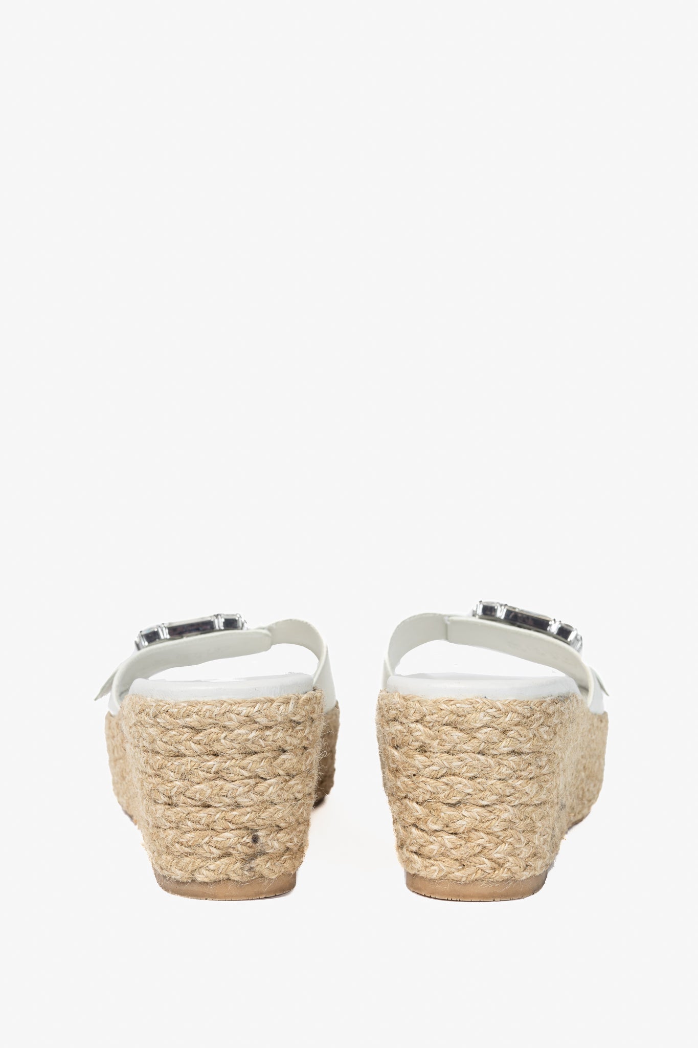 Stuart Weitzman SS23 June 75 White Crystal-Buckle Wedge Slide Sandal