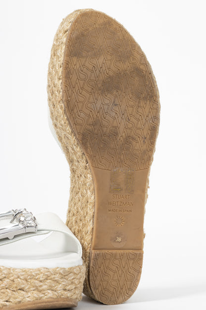 Stuart Weitzman SS23 June 75 White Crystal-Buckle Wedge Slide Sandal