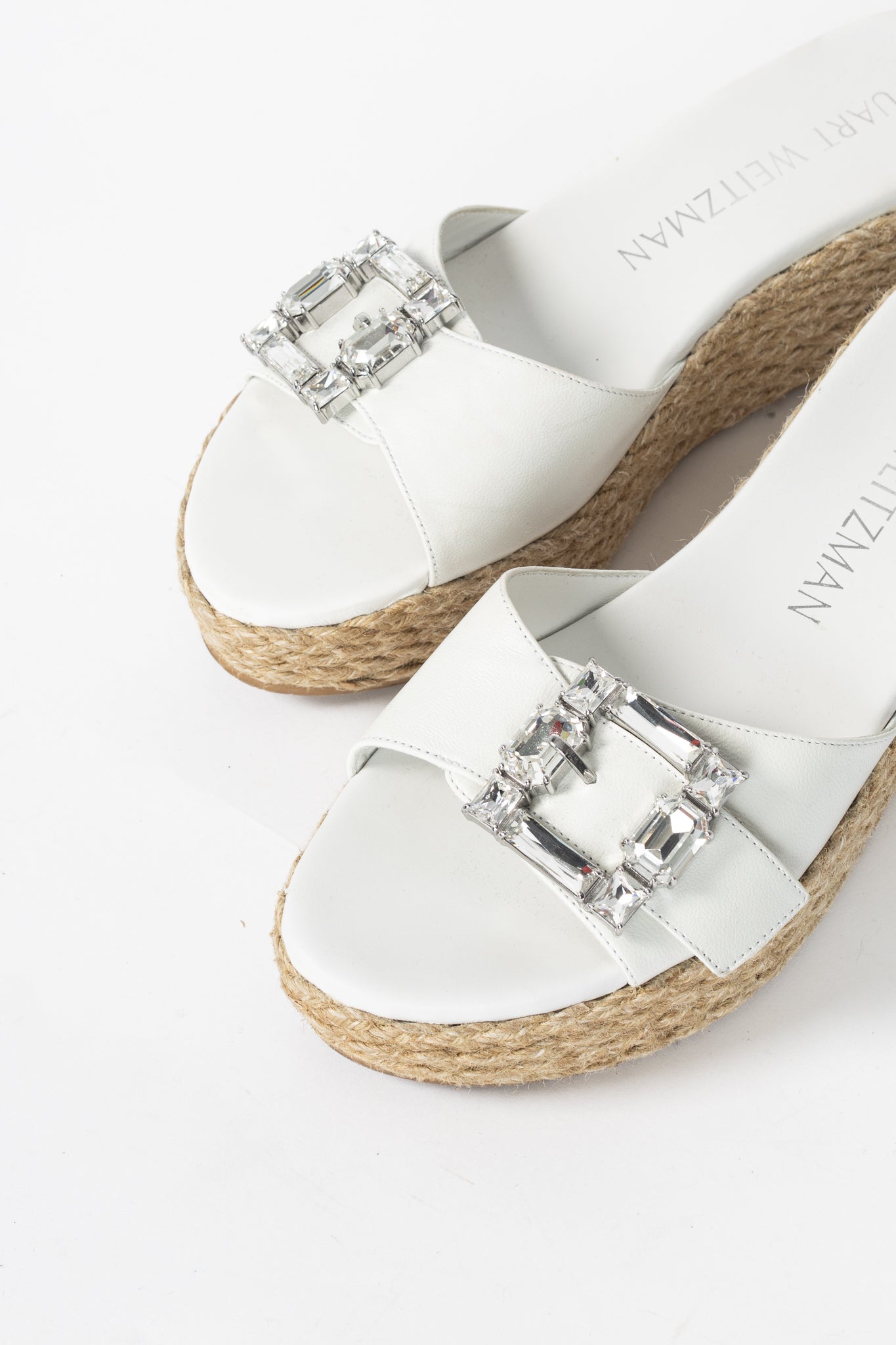 Stuart Weitzman SS23 June 75 White Crystal-Buckle Wedge Slide Sandal