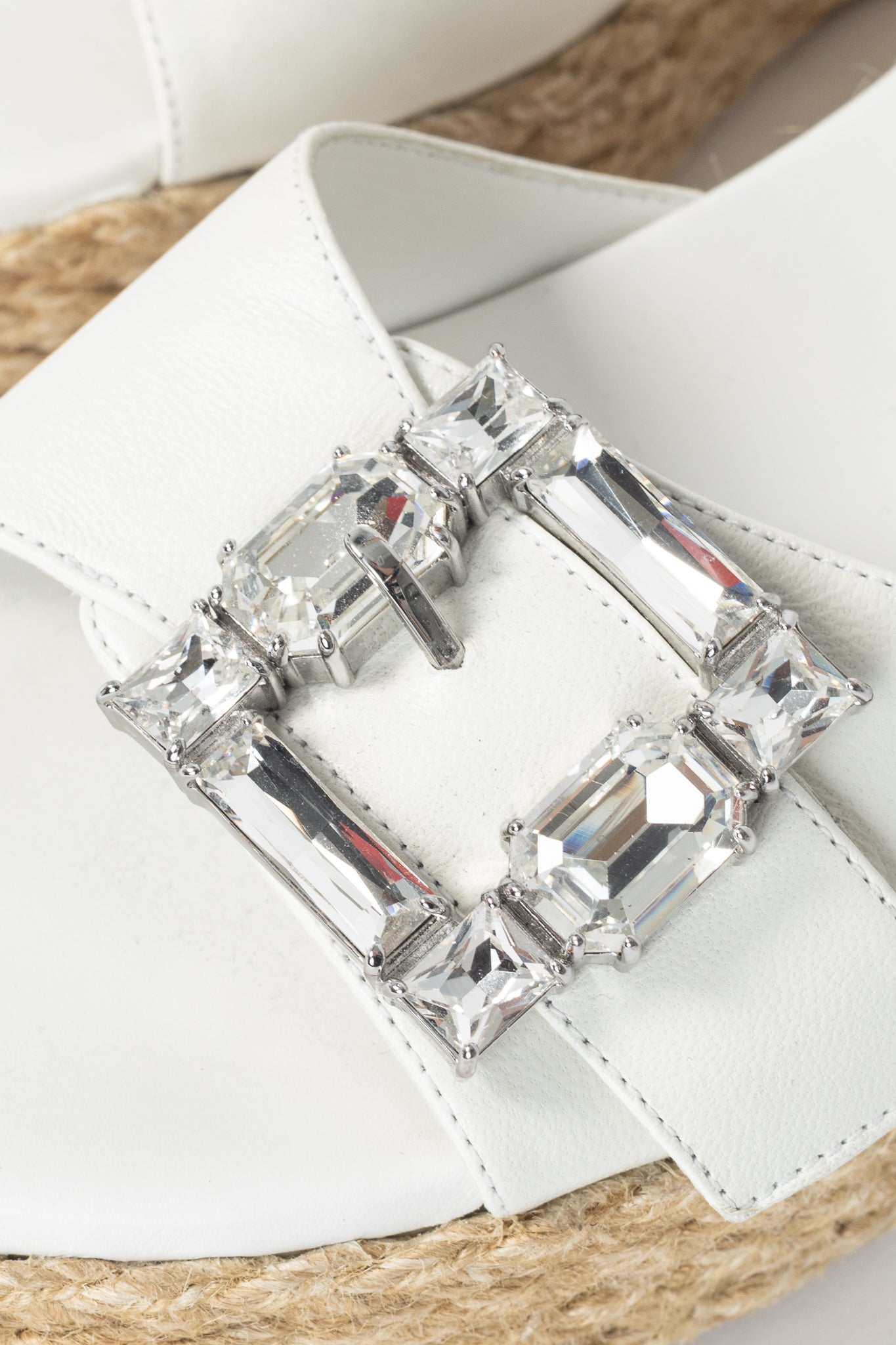 Stuart Weitzman SS23 June 75 White Crystal-Buckle Wedge Slide Sandal