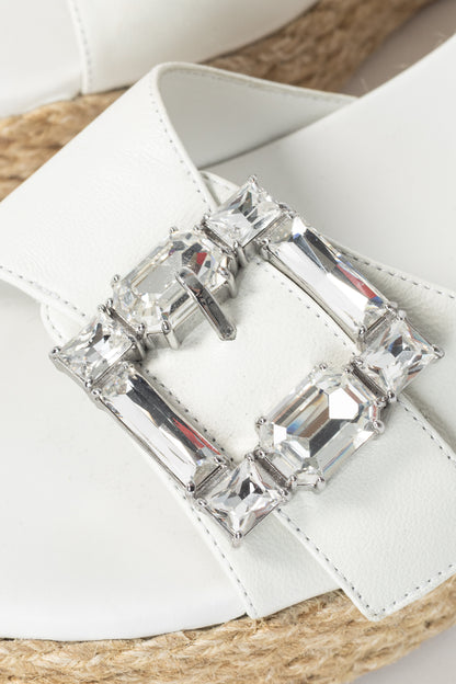 Stuart Weitzman SS23 June 75 White Crystal-Buckle Wedge Slide Sandal