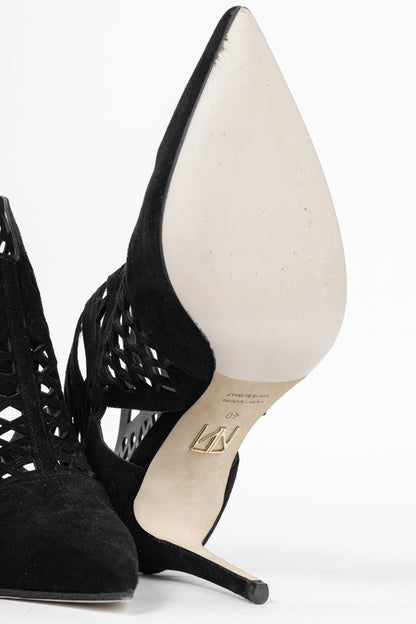 Tamara Mellon Femme Black Laser-Cut Suede Booties
