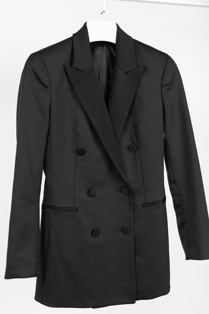 Theory Black Double-Breasted Satin-Trim Wool Tux Jacket
