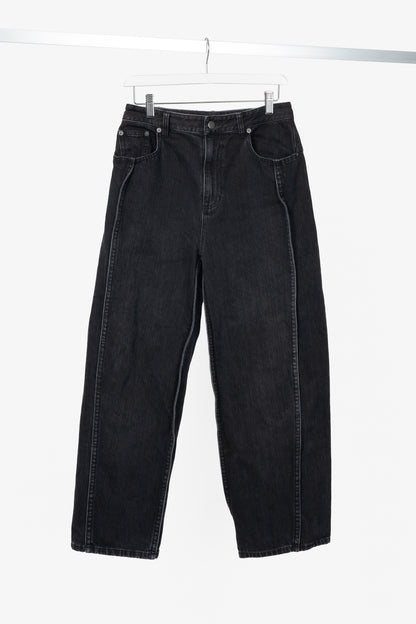 Tibi SS24 Vintage Black Denim Barrel Shorter Tuck Jeans