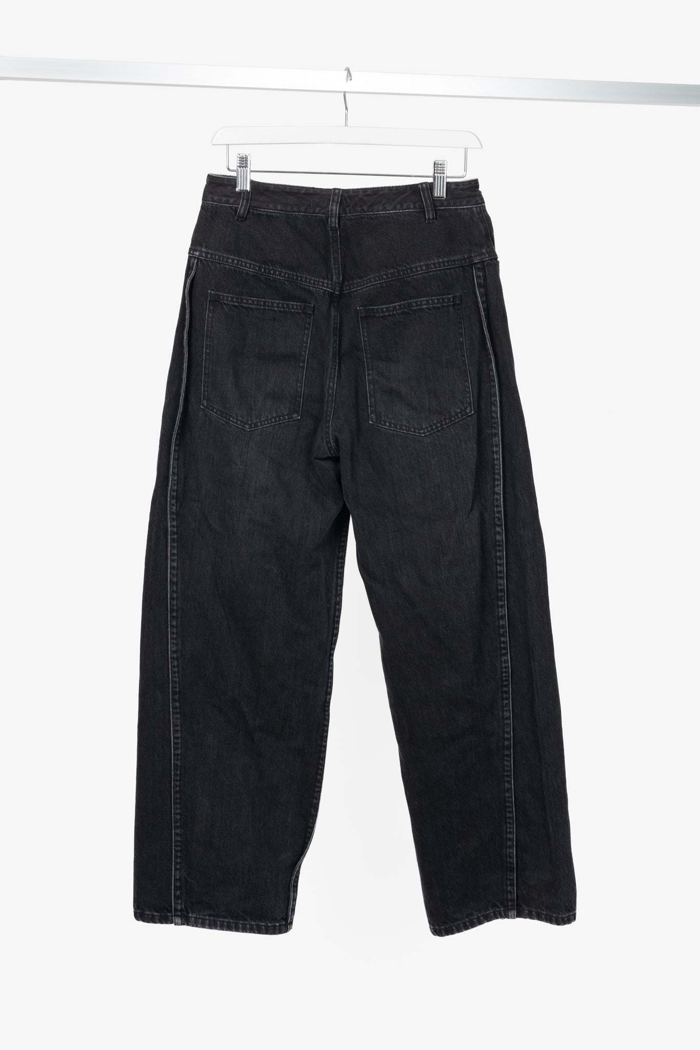 Tibi SS24 Vintage Black Denim Barrel Shorter Tuck Jeans