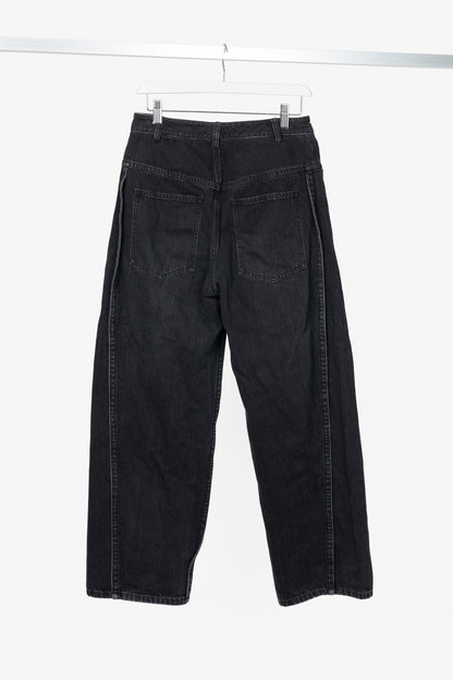 Tibi SS24 Vintage Black Denim Barrel Shorter Tuck Jeans