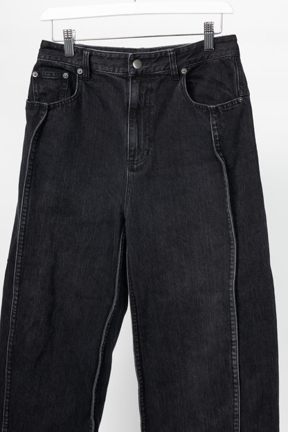 Tibi SS24 Vintage Black Denim Barrel Shorter Tuck Jeans
