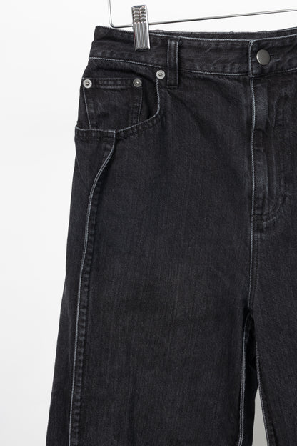 Tibi SS24 Vintage Black Denim Barrel Shorter Tuck Jeans