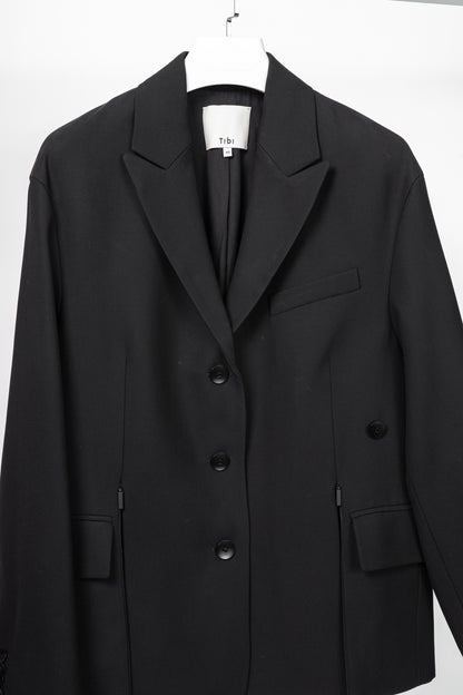 Tibi Liam Black Grain De Poudre Slit-Zipper Blazer