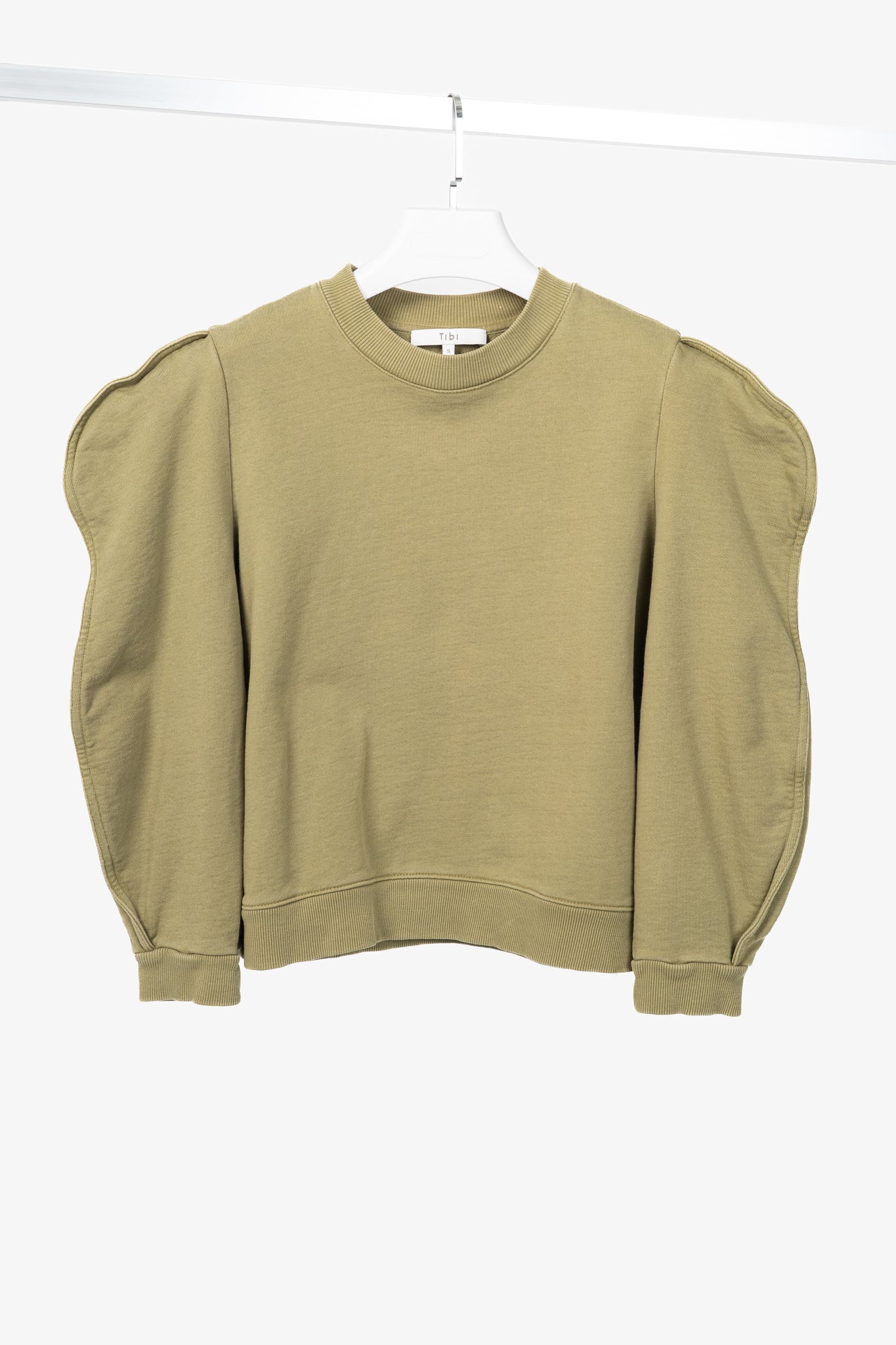 Tibi Moss Cotton French Terry Scallop Cropped Sweatshirt
