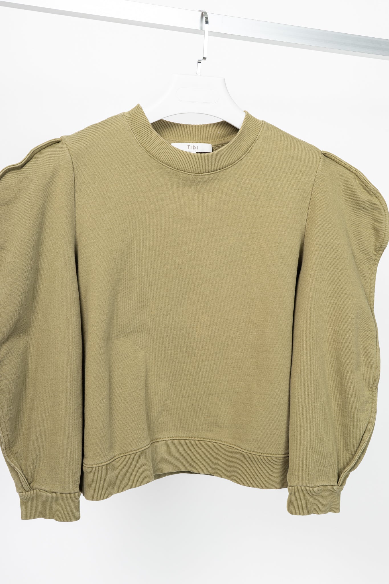Tibi Moss Cotton French Terry Scallop Cropped Sweatshirt