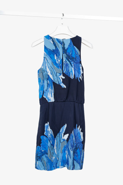 Tibi Navy Printed Silk Satin Keyhole Mini Dress